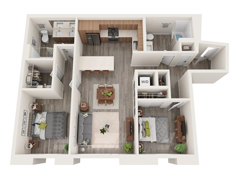 A top-down view of a modern apartment layout with a living room, dining area, kitchen, and bedrooms.